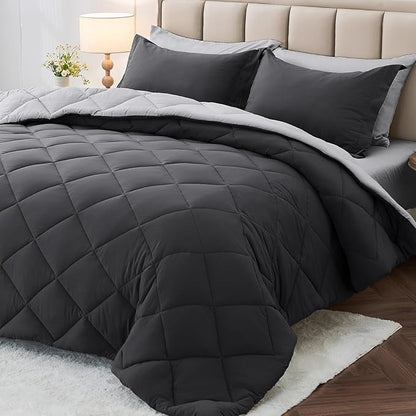 MUXHOMO 7 Pieces Oversized Queen Comforter Set, Reversible Bed in a Bag Oversized Queen Size, All Season Bedding Set, Flat Sheet, Fitted Sheet, Pillowcases & Shams, Dark Grey & Light Grey