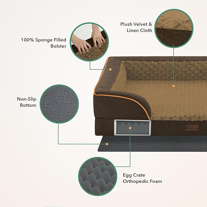 Orthopedic XXL Dog Beds, Waterproof Memory Foam Big Pet Bed for Extra Large Sized Dogs 53x42Inch, Non-Slip Bottom and Egg-Crate Foam Dog Couch Bed with Washable Removable Cover, Brown