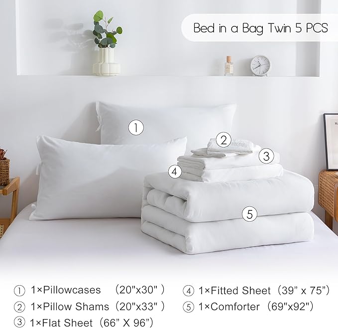 COTTEBED Ultra-Soft Twin Comforter Set with Sheets - 5 Pieces Bed in a Bag Twin Down Comforter & Bedding Sheet Sets, Lightweight Cozy Washed Polycotton for Kids Boy Girls Children All Season, White