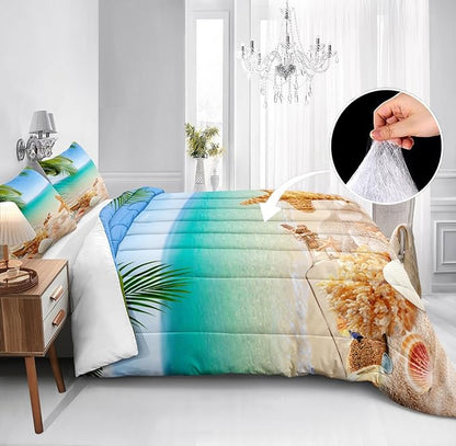MOVE OVER 4 Pieces King Size Ocean Beach Bedding Set Coastal Bedding Set Starfish and Shells Pattern Ocean Comforter Set for Boys Girls and Teens Tropical Palm Tree Printed Beachy Comforter Set