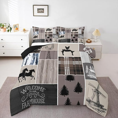 Erosebridal Kids Horse Bedding Set, Western Farmhouse Windmill Comforter Set Rustic Cabin Decor, Southwestern Cowboy Horseshoe Quilt Twin for Boys Teens Adult, Grid Plaid Patchwork Down Comforter