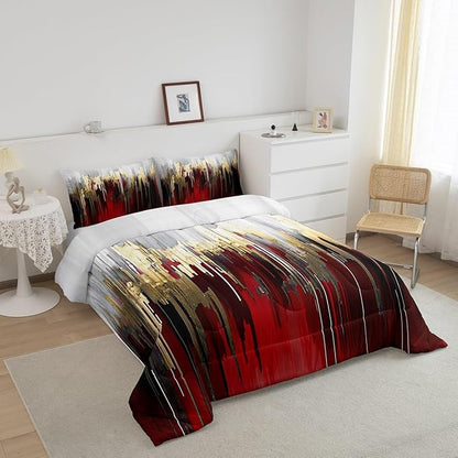 Erosebridal Burgundy Comforter King Graffiti Ombre Bedding Set, Brush Strokes Oil Painting Down Comforter Modern Contemporary Bed Set, Gold Metallic Abstract Gradient Quilted Duvet 3pcs