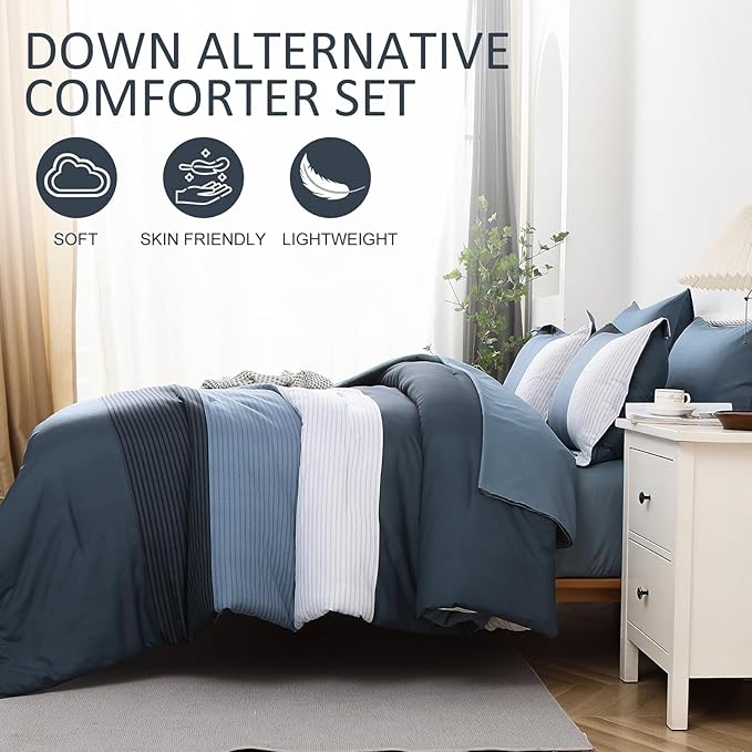 Navy Blue Striped Comforter Set King Size 7 Pieces Navy Patchwork Bed in a Bag with Sheets Set for King Bed, Soft Microfiber Reversible Bedding Set, Pillowcase Pillow Shams, Flat/Fitted Sheet