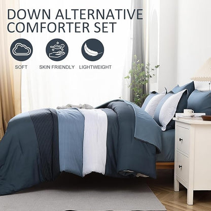 Navy Blue Striped Comforter Set King Size 7 Pieces Navy Patchwork Bed in a Bag with Sheets Set for King Bed, Soft Microfiber Reversible Bedding Set, Pillowcase Pillow Shams, Flat/Fitted Sheet