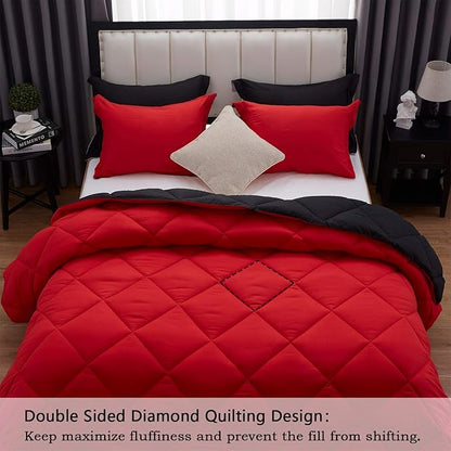 NexHome Queen Comforter Set Black&Red,3 Pieces Lightweight Comforters Queen Size Reversible Bedding Comforters Sets,Down Alternative Comforter Bed Set Quilt Blanket(88x88In Comforter & 2 Pillowsham)