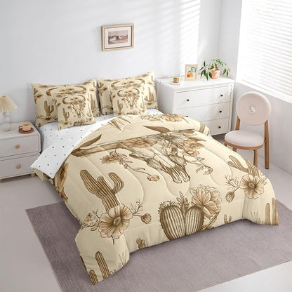 Erosebridal Bull Skull Bed in A Bag Full | Ethnic Horns Aztec 7 Piece Comforter Set Tribal Symbol Vintage Bohemian Sheet Set Breathable Lightweight Floral Tropical Cactus Fitted Sheet