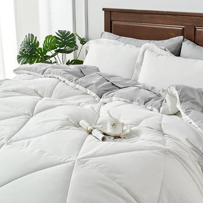 BEDELITE Twin XL Comforter Set 5 Pieces Bed in A Bag - Soft Microfiber Reversible Twin Extra Long White Bed Set with Comforters, Sheets, Pillowcase & Sham, Cozy Bedding Sets for College Dorm Room