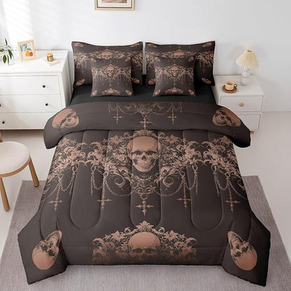 Erosebridal Gothic Bed in a Bag King Size Comforter Set 7 Pieces,Goth Sugar Skull Clay Brown Damask Bedding Set,Bohemian Vintage Floral Comforter and Sheet Set,Exotic Antique Victorian Baroque Decor