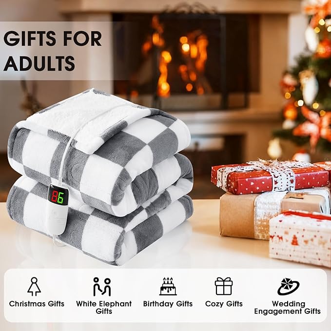 Heated Electric Blanket Throw, 50X60 Heating Blanket with 10 Heat Level & 8 Hour Auto Off for Lap, Light Gray Checkered Plaid Sherpa Blankets Warmer Gift for Couch Grandma Women Adults Washable