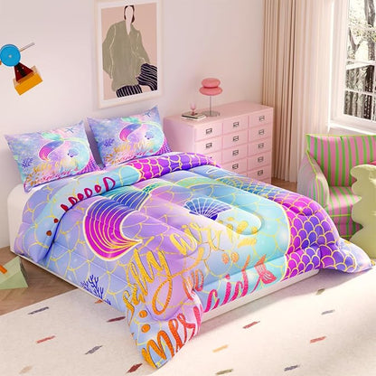 Mermaid Comforter Sets,Cute Pattern for Kids Girls Adults,Decorative Bedding Comforter Sets with 2 Pillow Shams, Queen Size