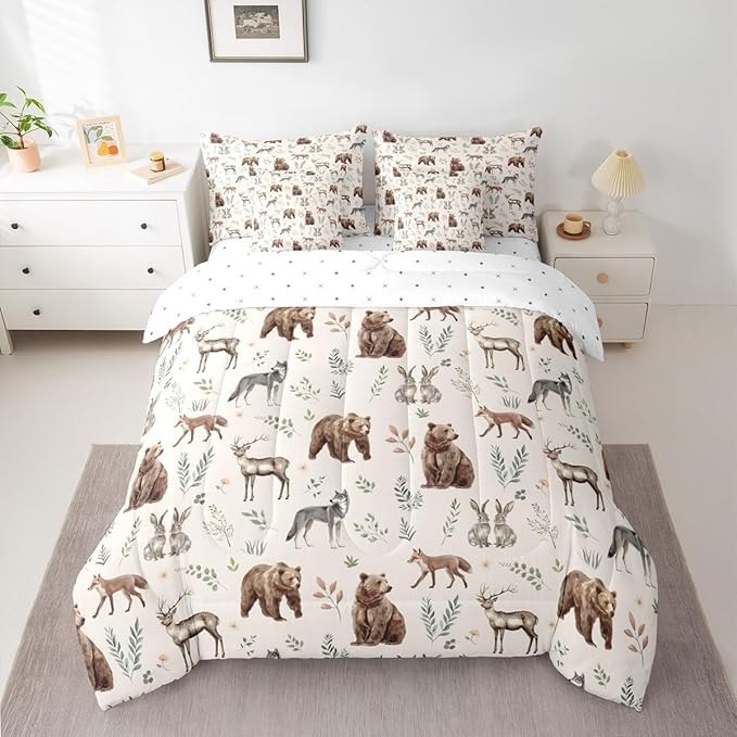 Erosebridal Woodland Animals 7 Piece Comforter Set Full Size Bear Deer Hunting Theme Bedding Set for Kids Child Bedroom | Cartoon Rabbit Wolf Fox Wildlife Duvet Insert Rustic Cabin Lodge Decor Sheets