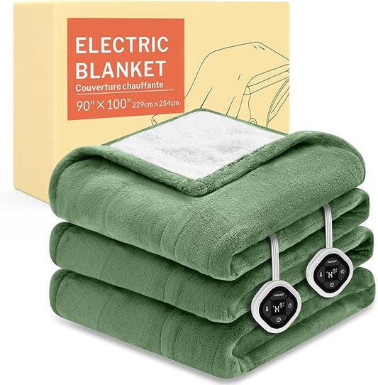 HOMLYNS LuxeHeat Heated Blanket Electric Blanket King Size, Soft Flannel Sherpa Heating Blanket with 10 Heat Settings, 1-10 hrs Timer Auto Shut Off (90x100 inches, Green)