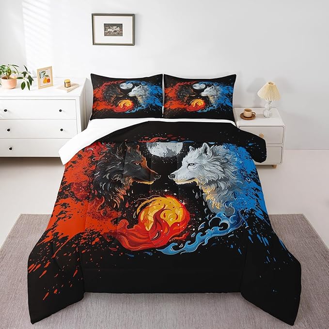 Yin Yang Bedding Comforter Sets Toddler,Wolf Fighting White Black Bedding Set for Bedroom Decoration,Gothic Starry Galaxy Moon with 1 Comforter and 1 Pillow Case Bedroom Decor