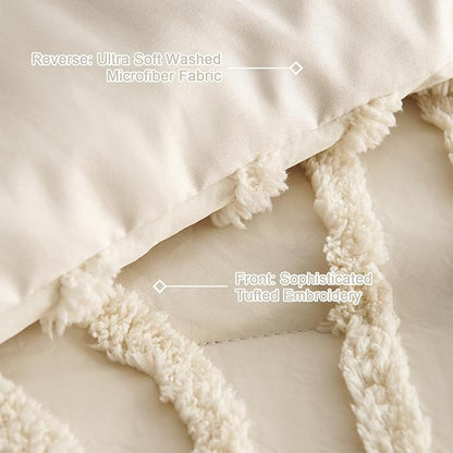 Boho Tufted Comforter Queen Size Beige Geometric Tufted Comforter Set Bohemian Arch Tufted Bed Set 3 Pieces Shabby Chic Embroidery Soft Jacquard Bedding for All Seasons with 2 Pillowshams