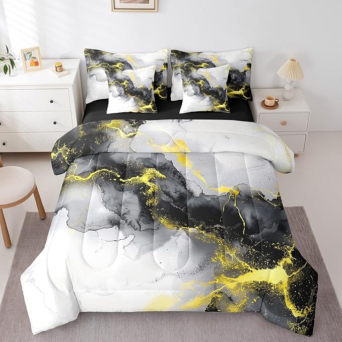 Erosebridal Yellow Black Marble Twin Comforter Set 7-Piece Watercolor Marbling Bedding Comforter Sets, Stone Pattern Bed in a Bag Modern Abstract Art Bedding Set, Retro Ink Painting Bed Sheets Set