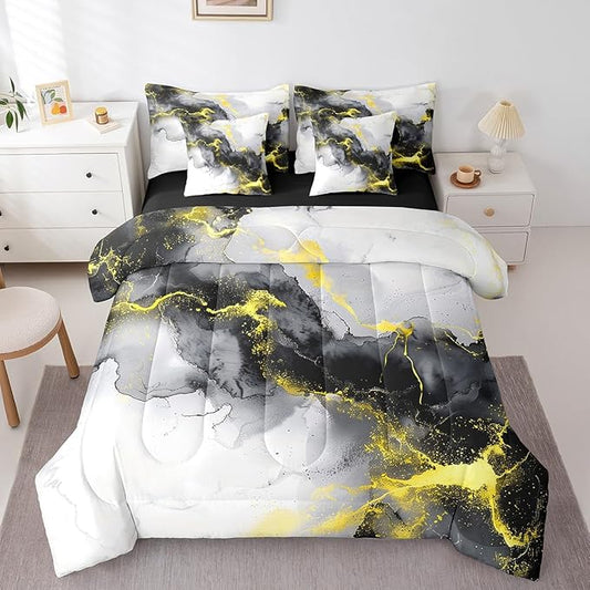 Erosebridal Yellow Black Marble Twin Comforter Set 7-Piece Watercolor Marbling Bedding Comforter Sets, Stone Pattern Bed in a Bag Modern Abstract Art Bedding Set, Retro Ink Painting Bed Sheets Set