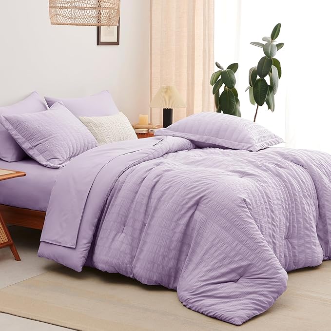 CozyLux Queen Seersucker Comforter Set with Sheets Light Purple Bed in a Bag 7-Pieces All Season Lavender Bedding Sets with Comforter, Pillow Sham, Flat Sheet, Fitted Sheet, Pillowcase