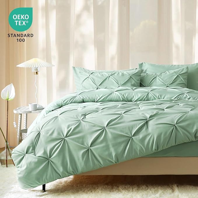 JOLLYVOGUE California King Comforter Set 7 Pieces - Bed in a Bag Cal King for All Season, Pintuck Bedding Comforter Sets with Comforter, Flat Sheet, Fitted Sheet and Pillowcases & Shams, Sage Green