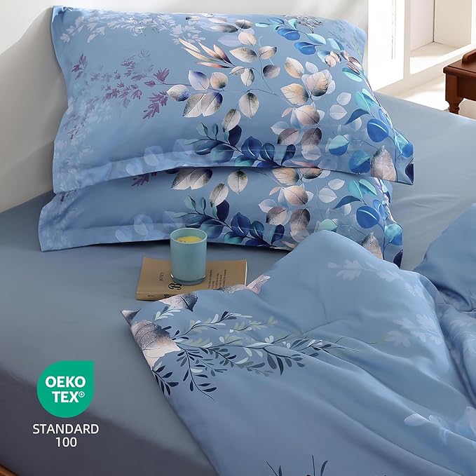 Xruibed Blue Comforter Set King Size 7 Pieces Bed in a Bag, Botanical Floral Print Bed Sets, Elegant Flower Comforter with Sheet Set, Soft Microfiber Bedding Set for All Season (Blue, 104"x90")