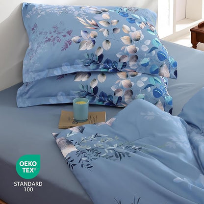 Xruibed Blue Comforter Set Queen Size 7 Pieces Bed in a Bag, Botanical Floral Print Bed Sets, Elegant Flower Comforter with Sheet Set, Soft Microfiber Bedding Set for All Season (Blue, 90"x90")