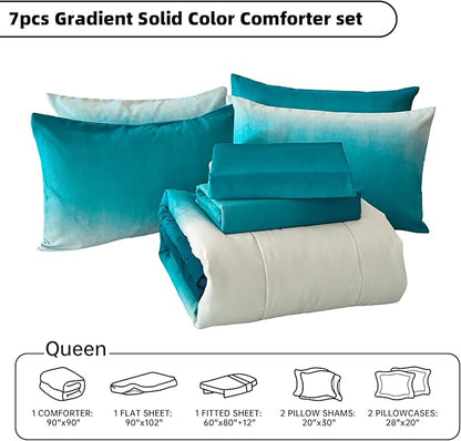 Anibedding Teal Comforter Set Queen 7 Pieces Gradient Teal Bed in a Bag Queen Size Set, All Season Down Alternative Complete Bedding Set Flat/Fitted Sheet, Pillowcases Pillow Shams