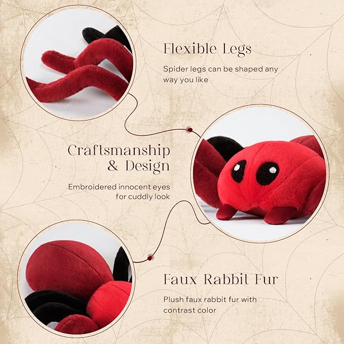 Phantoscope Happy Halloween Spider Shaped Throw Pillow, Faux Fur Fluffy Tarantula Shaped Halloween Cushion Pillow Contrast Color with Shapeable Legs, for Bedroom Sofa, Red, 18 x 9.5 inches