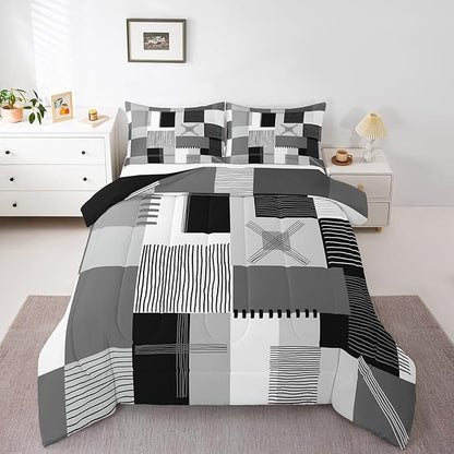 Erosebridal Black White Grey Comforter Set Twin Gray Abstract Bedding Set for Kids Boys Adults Men Geometric Square Quilt Grids Checkered Duvet Insert Modern Fashion Room Decor 2 Pcs