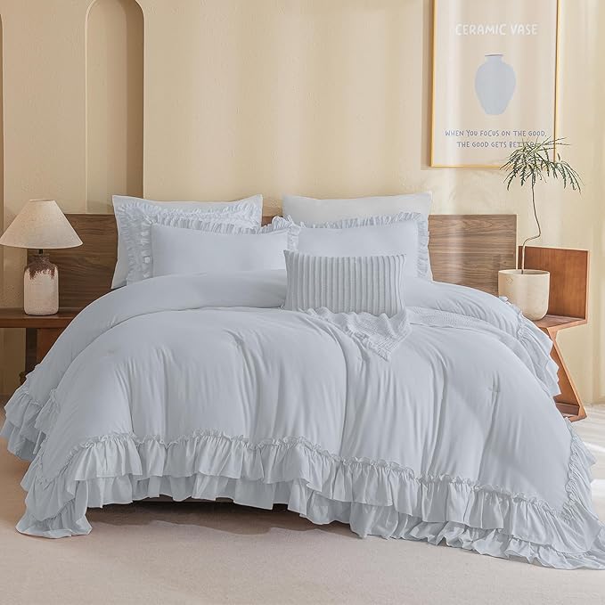 Masaca Ruffle Comforter Full Size,3 Pieces Farmhouse Shabby Boho Chic Full Bedding Set,Vintage Ruffled Rustic Light Blue Bedding Comforter Set for All Season