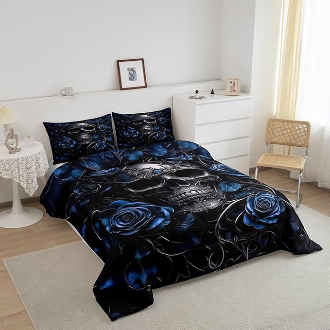 Erosebridal Adults Gothic Comforter Set Bohemian Boho Goth Bedding Full Size Vintage Horror Skull Bed Sets Blue Rose Baroque Victorian Romantic Rose Duvet Insert,Halloween Gothic Bedroom Decor