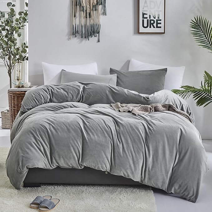 Luxlovery Grey Velvet Comforter Twin Plush Fluffy Bedding Set for Women Men Adults Teens