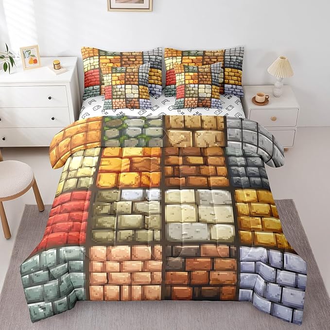 Pixelated Themed Games 7Pcs Comforter Set Full Size,Miner Video Games Bedding Sets for Kids Boys Teens Men Bedroom Decor,Geometric Grid Wall Fitted Flat Sheet Brown Grey 2 Throw Pillow,2 Pillowcases