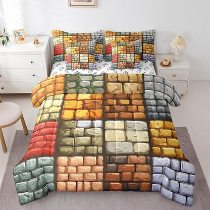 Pixelated Themed Games 7Pcs Comforter Set Queen Size,Miner Video Games Bedding Set for Kids Boys Teens Men Bedroom Decor,Geometric Grid Wall Fitted Flat Sheet Brown Grey 2 Throw Pillow,2 Pillowcases