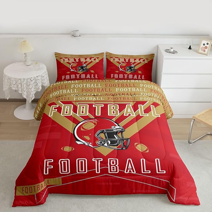 Feelyou Football Bedding Set Boys Girls Twin Size Comforter Set Sports Themed Women Men Football City Duvet Quilt Rugby Sports Red Brown Room Decor