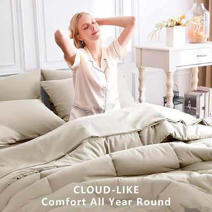 CozyLux Queen Comforter Set Oatmeal, 7 Pieces Bed in a Bag, Oatmeal Comforter Queen Size, All Season Bedding Sets with Stitch Quilted Comforter, Flat Sheet, Fitted Sheet, Pillowcases