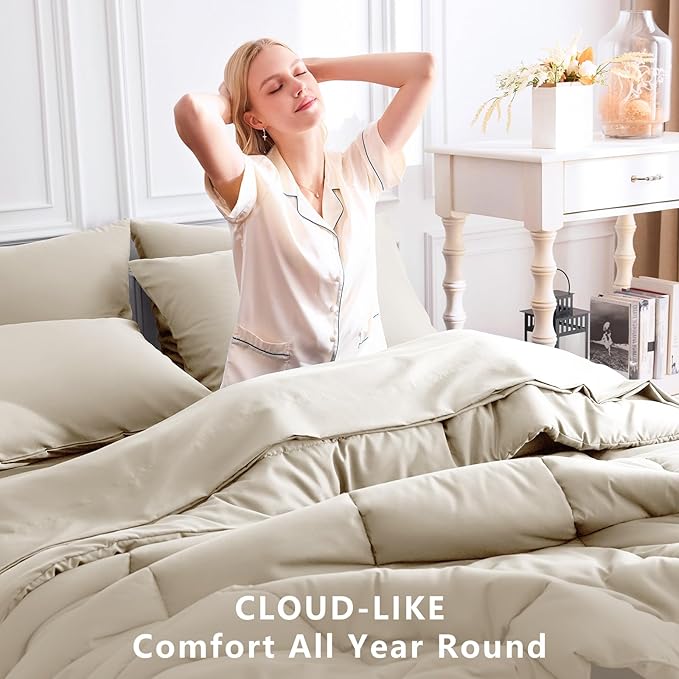 CozyLux California King Comforter Sets Oatmeal, 7 Pieces Cal King Bed in a Bag, All Season Bedding Sets with Stitch Quilted Comforter, Flat Sheet, Fitted Sheet, Pillowcases