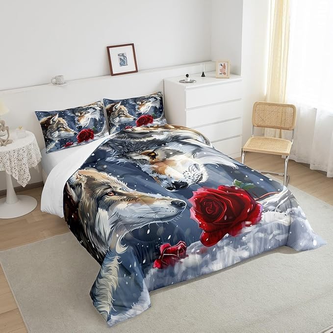 Erosebridal Wolf Twin Bedding Set,Hunting Wolf Comforter Set for Kids Boys Girls Bedroom Decor,Wildlife Animal Safari Bed Set Exotic Red Rose Floral Bedding Comforter Sets,1 Pillowcase