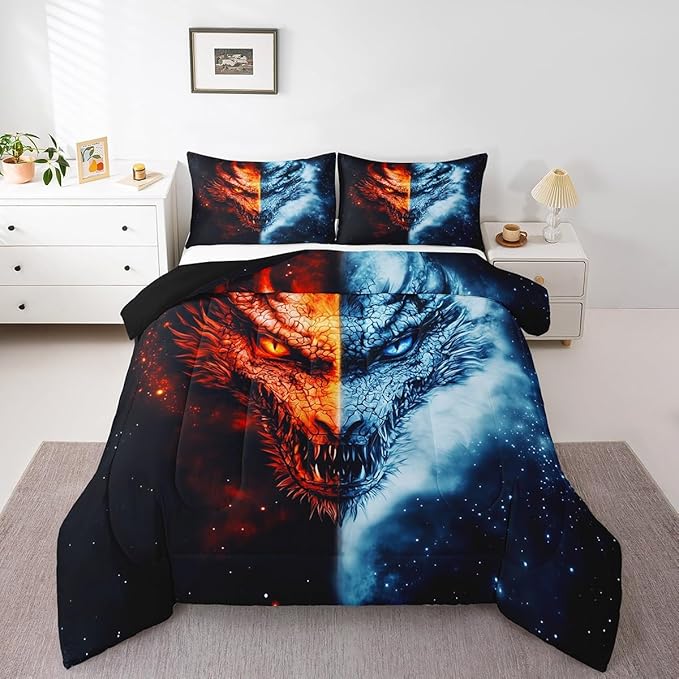 Manfei Dragon Bedding Comforter Sets King,Western Exotic Animal Ice and Fire Bedding Set for Bedroom Decoration,Wildlife Retro Dragon with 1 Comforter and 2 Pillow Cases Bedroom Decor