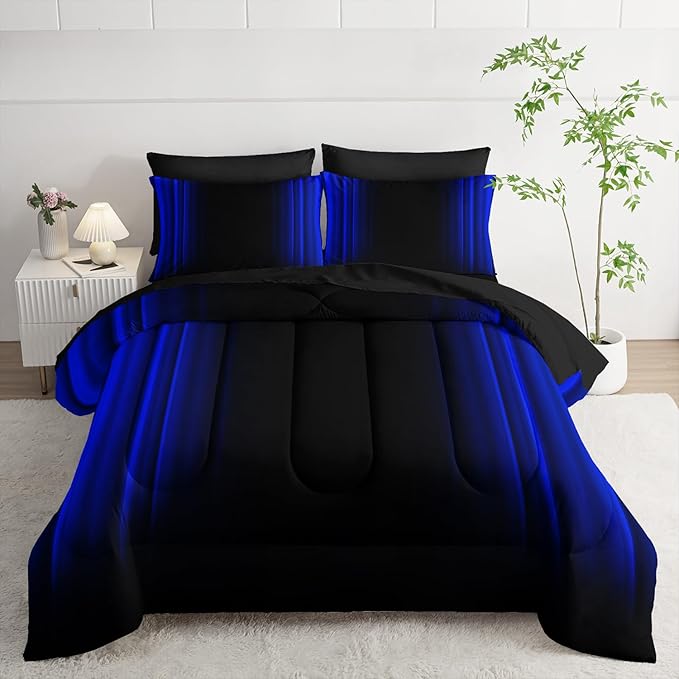 Blue and Black Bedding Set Full Size Abstract Ombre Comforter Set Bedding Set 7 Piece in A Bag,Dark Quilt Set Mordern Art Decor All Seasons with Pillowcases,Flat, Fitted Sheet