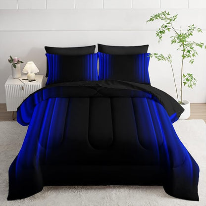 Blue and Black Bedding Set Full Size Abstract Ombre Comforter Set Bedding Set 7 Piece in A Bag,Dark Quilt Set Mordern Art Decor All Seasons with Pillowcases,Flat, Fitted Sheet