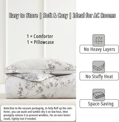 Vintage Botanical White Cotton Comforter Twin Size - Elegant Gray Flowers and Taupe Branches on White, Light Gray Striped Back, 2PC Lightweight Bedding Set with Soft Alternative Fill