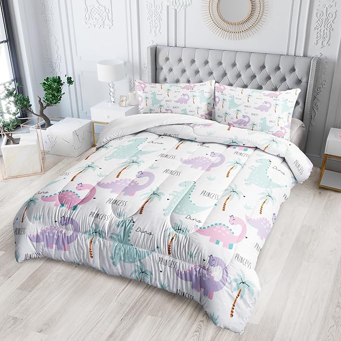 Cartoon Dinosaur Comforter Sets Bedding Sets 3PCS for Kids,Pink Violet Dinos Comforter Sets King Size，All Season 1 Comforter and 2 Pillowcases