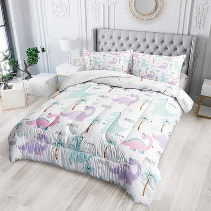 Cartoon Dinosaur Comforter Sets Bedding Sets 3PCS for Kids,Pink Violet Dinos Comforter Sets King Size，All Season 1 Comforter and 2 Pillowcases