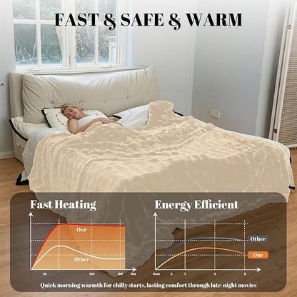 IUUI Electric Heated Blanket King 90''x100'',Luxury Faux Rabbit Fur Heating Throw Blankets,Fast Heating with 1/2/4/6/8/10 Hours,Overheat Protection, Quick Heating, Memory Function, Gift-Ready Design