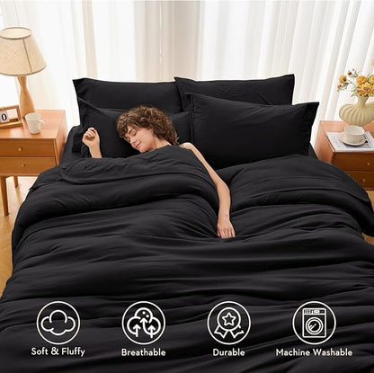 MUXHOMO 5 Pieces Twin Comforter Set, Soft Bed in a Bag Twin Size, All Season Bedding Set with Comforter, Flat Sheet, Fitted Sheet, Pillowcases & Shams, Black