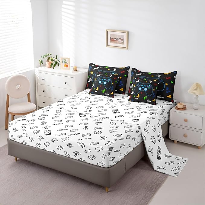 Cartoon Gamepad 7Pcs Comforter Set Queen Size,Miner Video Games Bedding Set,Kids Boys Girls Room Decor,Colorful Pixelated Geometric Bed in a Bag Black Reversible Gamer Flat Fitted Sheet,2 Pillowcases