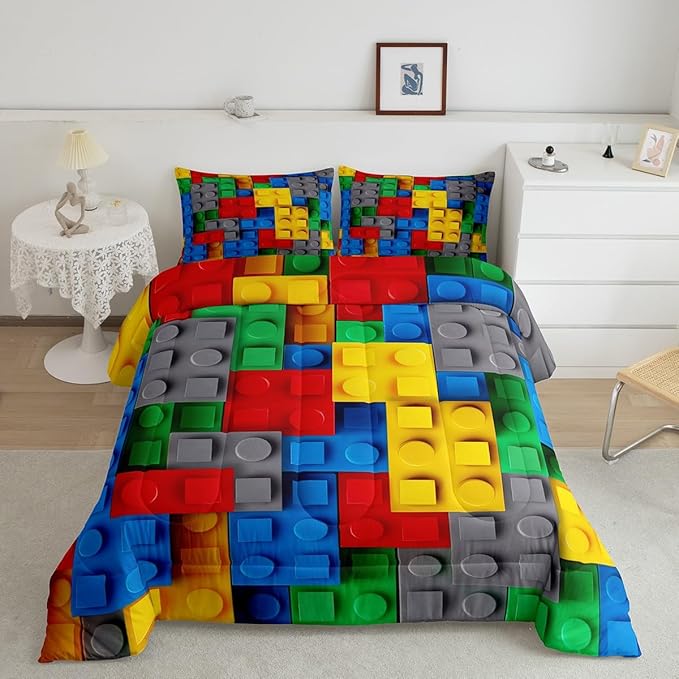 Erosebridal Construction Comforter Set Colorful Bedding Set 3D Building Blocks Quilt King,Kids Boys Bricks Duvet Insert Watercolor Gradient Room Decor for Teen Girls,Red Yellow Green Blue Grey
