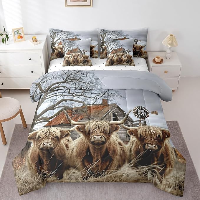 Erosebridal 7-Piece Twin Size Highland Cow Comforter Set with Rustic Farmhouse Decor - 1 Comforter, 1 Flat Sheet, 1 Fitted Sheet, 2 Pillowcases and 2 Throw Pillow Covers