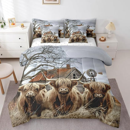 Erosebridal 7-Piece Twin Size Highland Cow Comforter Set with Rustic Farmhouse Decor - 1 Comforter, 1 Flat Sheet, 1 Fitted Sheet, 2 Pillowcases and 2 Throw Pillow Covers