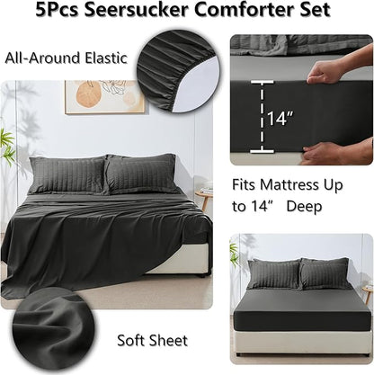 CozyLux Twin Comforter Set with Sheets Seersucker 5 Pieces, Dark Grey Bed in a Bag for Bedroom, Textured Luxury Soft Bedding Set with Down Alternative Comforter, Sheets, Pillowcase & Sham All Seasons