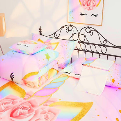 6 Pieces Unicorn Comforter Sets,3D Pink Unicorn Pattern,Decorative 6 Piece Bedding Sets with Comforter,Flat Sheet,Fitted Sheet,Throw Pillow Cover,Pillow Shams,Full Size